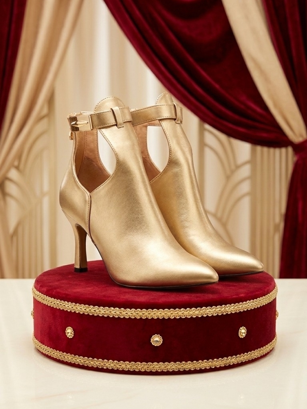 Gold Pointed-Toe Ankle-Strap Heeled Booties